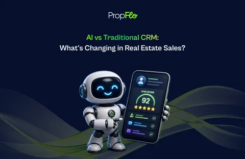 AI vs Traditional CRM in real estate sales, featuring a friendly AI robot beside a smartphone displaying a lead score of 92 and sales lead information.